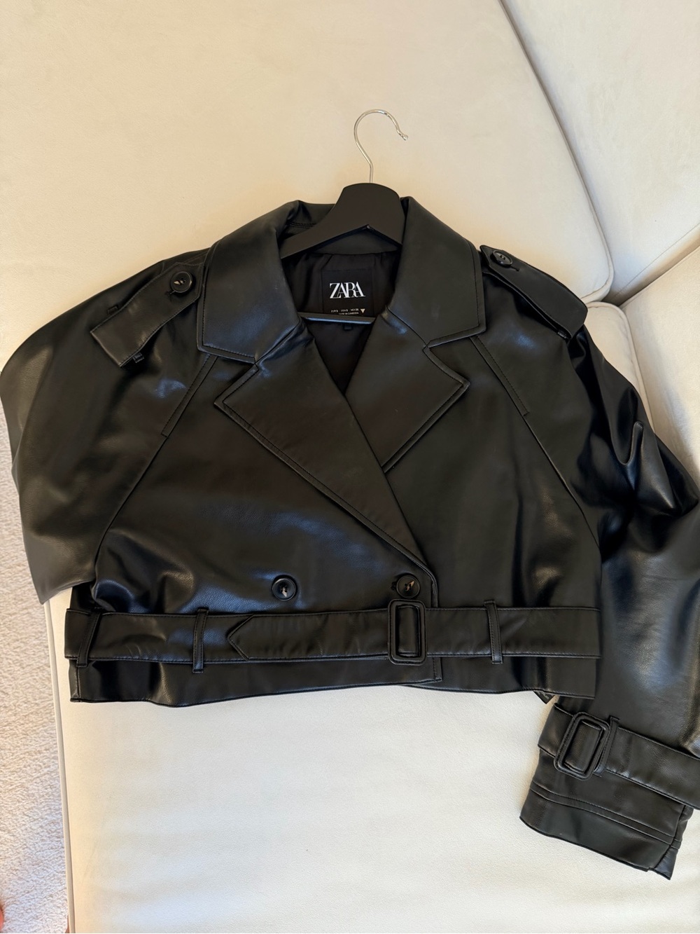 Zara Black Cropped Faux Leather Trench Coat